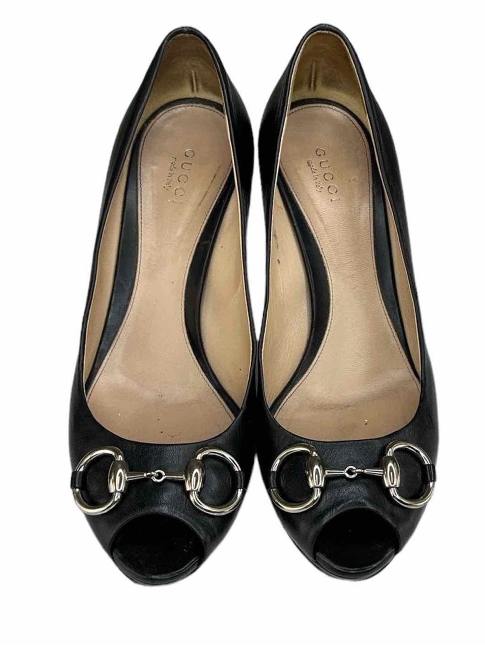 Gucci Black Leather Peep-Toe Heels with Silver Horsebit